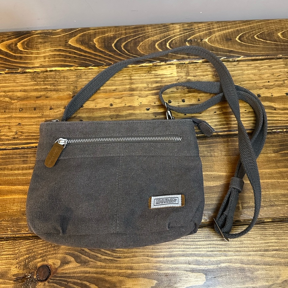 TRAVELON Anti-Theft Heritage Tote Bag Pewter Gray Canvas W/ Shoulder Strap